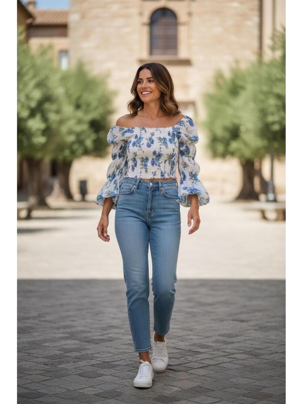 Venus White Off-Shoulder Smocked Top with Blue Floral Print and Puff Sleeves